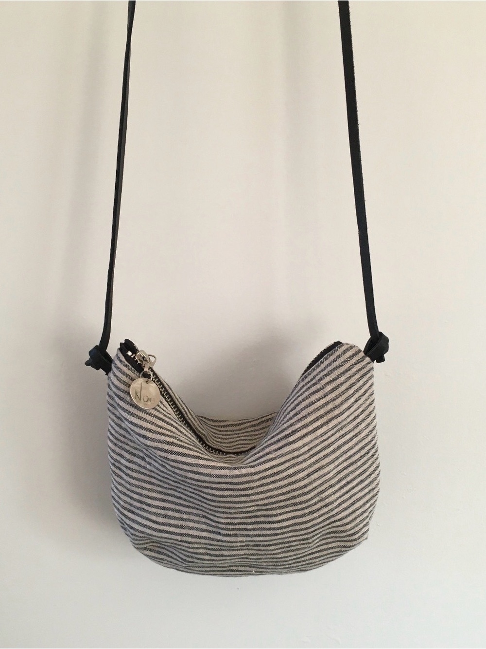 Striped Linen Crossbody Pouch/Bag & Leather Strap - Grayish blue and Natural